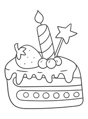 Delightful black and white cake illustration for coloring books. Perfect for kids and adults who love sweet treats! Ideal for printables, digital downloads, and craft projects.