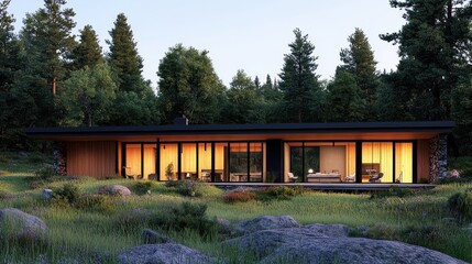 Modern Wood And Stone House In Forest Setting