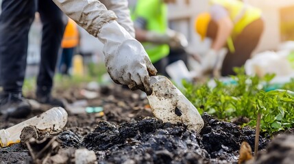 Closeup of Volunteers Collecting Litter during Community Cleanup with Environmental Focus : Generative AI