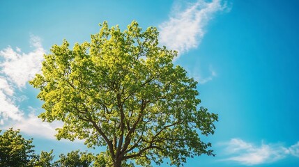 Obraz premium Lush Green Tree Against a Clear Blue Sky on a Sunny Day : Generative AI