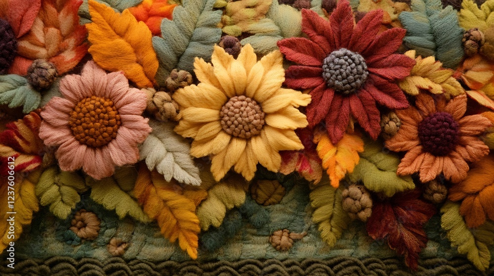 Poster intricate handmade tapestry of colorful wool flowers and leaves : generative ai