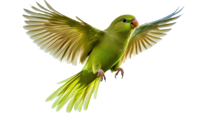 Green parakeet flying with open wings on transparent background