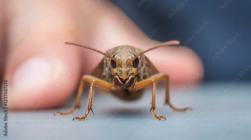 Poster Macro shot of a grasshopper focused on a table with a hand in the background for insect photography enthusiasts : Generative AI