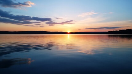 Obraz premium Stunning sunset over a tranquil lake creating a serene and relaxing natural landscape scene : Generative AI