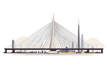 Obraz premium A flat vector illustration of a large bridge spanning across a river, featuring modern architecture and urban landscape