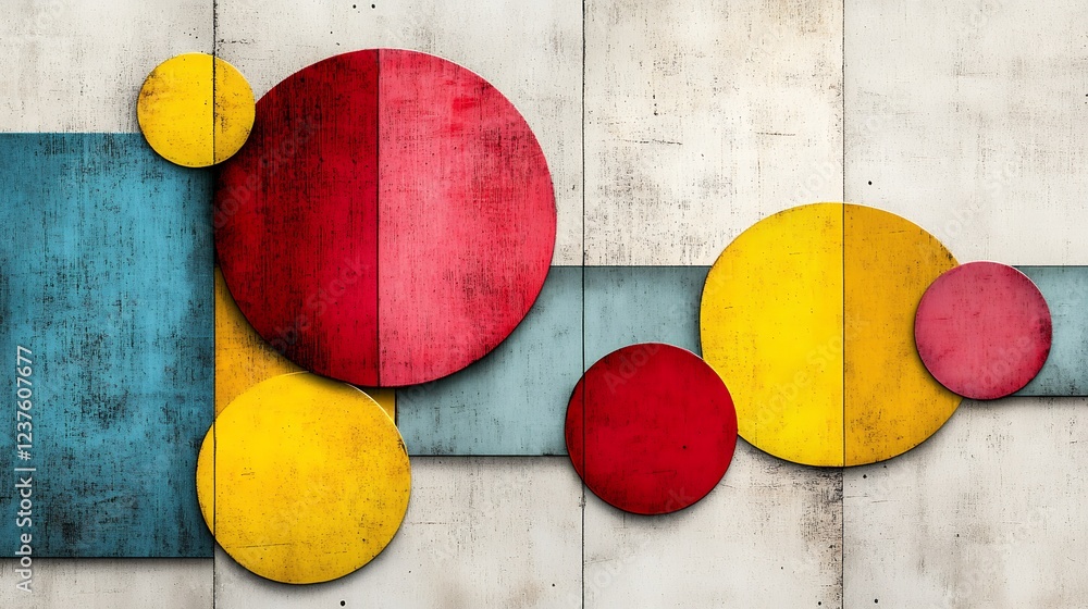 Poster abstract composition with overlapping red yellow teal circles on textured background