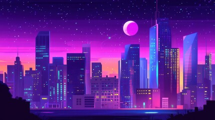 Neon Cityscape at Night Under a Crescent Moon