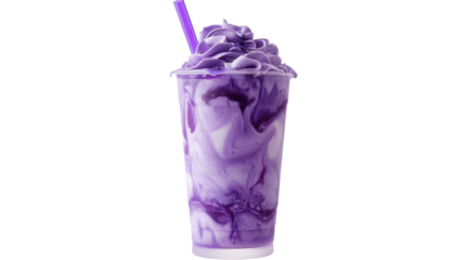 Purple ube milkshake with whipped cream and straw on transparent background