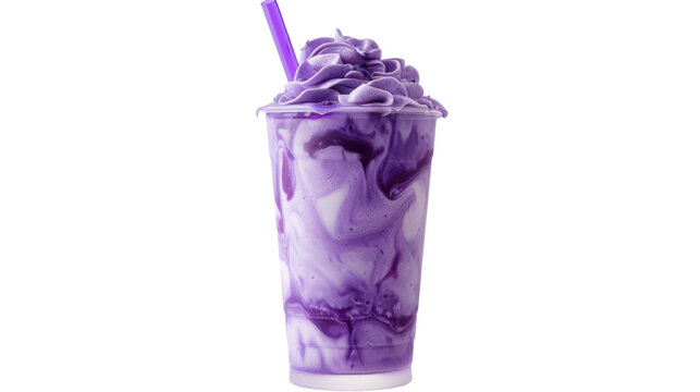 Purple ube milkshake with whipped cream and straw on transparent background