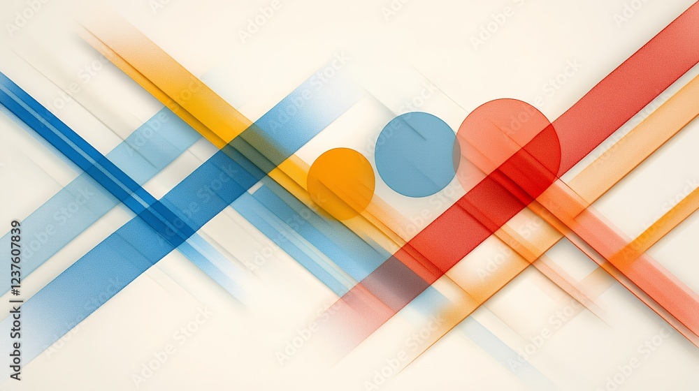 Poster abstract diagonal lines and translucent circles in blue orange and red