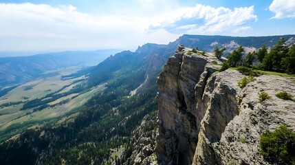 Naklejka premium Breathtaking Mountain Cliff Overlooking Expansive Valley and Blue Skies : Generative AI