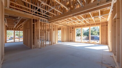 Framed Interior of New House with Exposed Wooden Beams and Sunlight : Generative AI