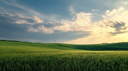 Obraz premium Expansive Green Field with Distant Wind Turbines Under Dramatic Cloudy Sky : Generative AI