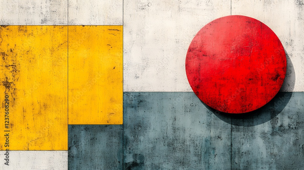 Poster abstract geometric shapes red circle and yellow square on textured background