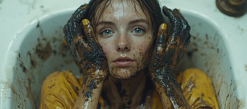 Woman, mud, bathtub, despair, environmental disaster, film still