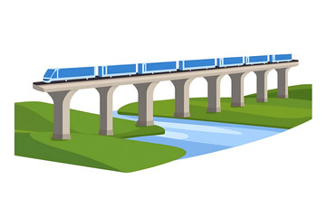 Fototapeta premium A flat vector illustration of a large bridge spanning a river under a clear blue sky