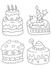 Delightful black and white cake illustration for coloring books. Perfect for kids and adults who love sweet treats! Ideal for printables, digital downloads, and craft projects.