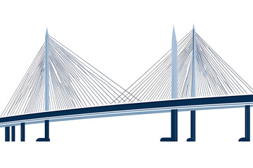 Fototapeta premium A flat vector illustration of a large bridge spanning across a river under a clear blue sky, perfect for architectural and travel concepts