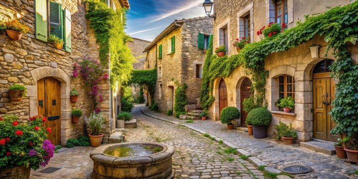 Fototapeta A winding narrow cobblestone street in Provence
