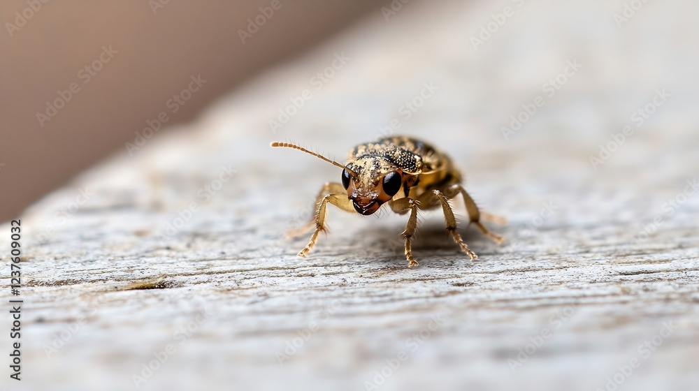Aufkleber tiny beetle on wood grain surface with detailed closeup of unique insect features : generative ai