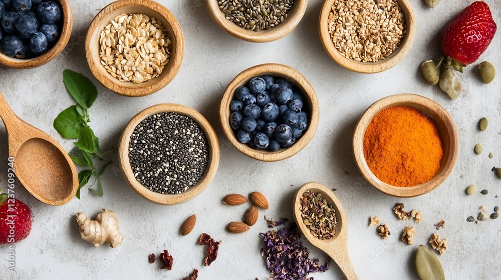 Poster Rustic Display of Superfoods and Dried Ingredients in Wooden Bowls : Generative AI