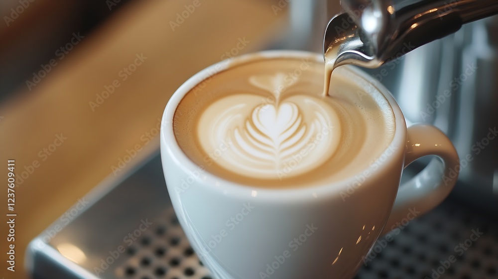 Poster Barista Making Beautiful Latte Art in Cappuccino with Heart Shape in Cafe : Generative AI