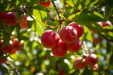 Obraz premium Ripe peach fruits closeup hanging on tree branches in field 