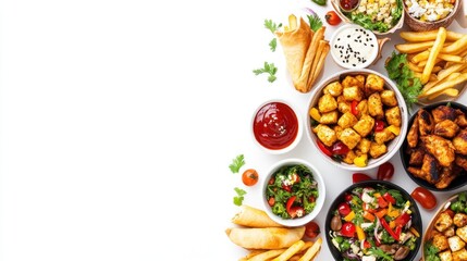 Diverse food selection, white background, restaurant menu, meal options