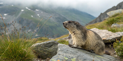 An Alpine Marmot Sitting on a Rock in Its Natural Habitat