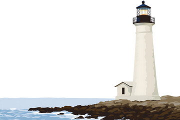 A flat vector illustration of a charming lighthouse standing tall against a clear blue sky, perfect for nautical-themed designs