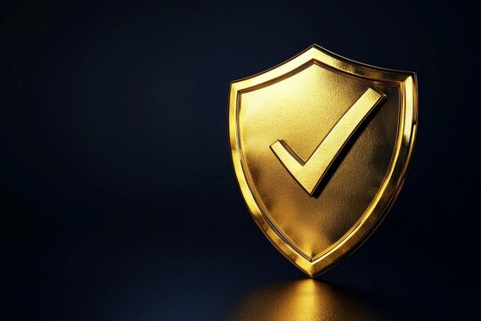 A golden shield with an elegant checkmark on it, symbolizing protection and quality against a dark background. The design is simple yet powerful, conveying trust in the product's performance. 