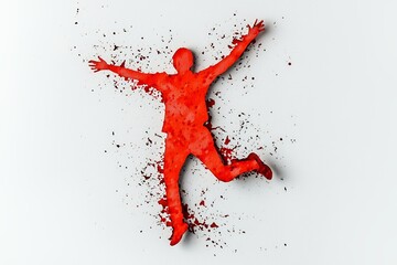 Abstract Red Human Figure Disintegrating into Particles on White Background