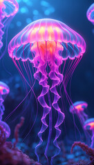 A vibrant jellyfish gracefully floats in the ocean depths, its bell glowing with a mesmerizing pink and purple hue.  Surrounded by others, it creates a breathtaking underwater scene.