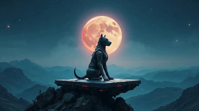 A mutant dog is sitting on a rock under the moonlight