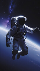 Fototapeta premium A lone astronaut floats in the inky blackness of space, the Earth a distant blue marble below. A cosmic journey.