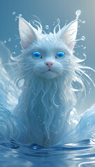 Fototapeta premium A mystical white feline emerges from cerulean water, its fur flowing like liquid, captivating with ethereal beauty and bright blue eyes.