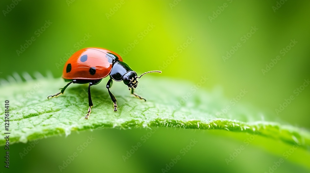 Poster Red and Black Ladybug on Green Leaf Macro with Soft Blurred Green Background : Generative AI