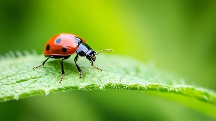 Fototapeta premium Red and Black Ladybug on Green Leaf Macro with Soft Blurred Green Background : Generative AI
