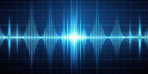 Digital waveform audio signal on a wireframe mixer background, technical diagram