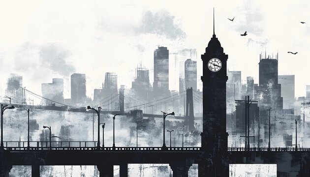 Cityscape Silhouette With Bridge Clock Tower and Birds