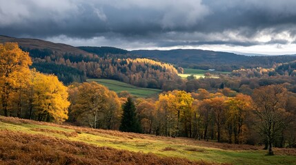 Fototapeta premium Scenic Autumn Valley with Rolling Hills and Forest Under Moody Clouds : Generative AI