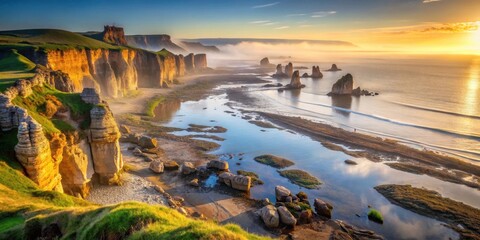 Seaside cliffs with unique rock formations and salt marshes in the foreground, surrounded by a misty sea landscape at sunrise , coastal scenery, salt marshes