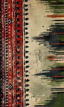 Rustic fabric texture with patterns in dark red, green and black. Generative ai