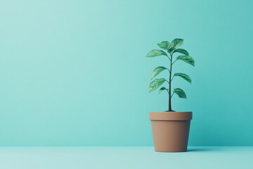 Obraz premium Fresh Green Plant in Simple Pot on Soft Turquoise Background