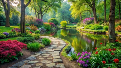 Obraz premium Lush greenery and vibrant flowers in a serene garden with a meandering stone path leading to a tranquil pond surrounded by tall trees, ponds, nature photography