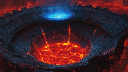 Volcanic crater, alien structure, lava flows, fiery background, sci-fi concept art