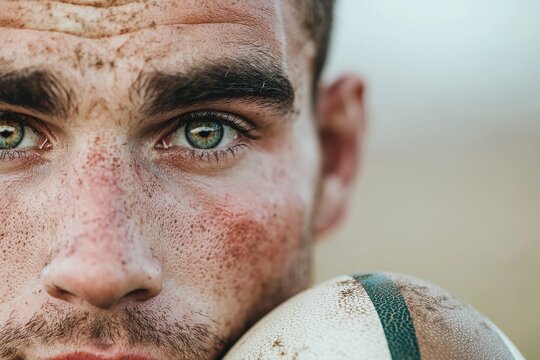Intense rugby player close-up field sports photography outdoor eye-level athlete emotion