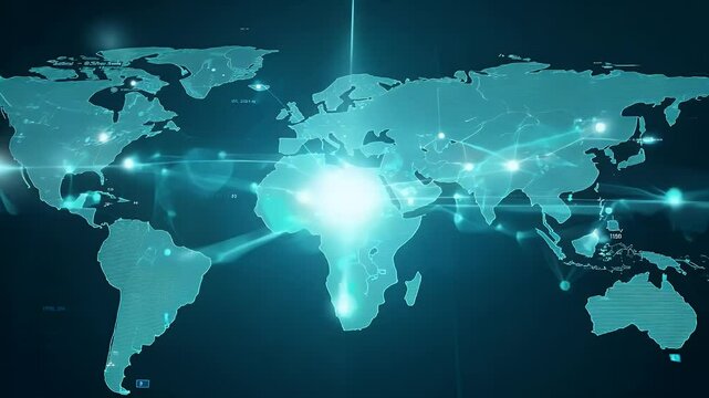 Geometric world map visualization with glowing connections highlighting key global locations in soft blue tones