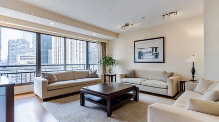 Fototapeta premium Stylish Modern Living Room in Urban Apartment with Cityscape Views : Generative AI