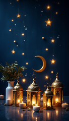 Fototapeta premium Ramadan Night Flat-Lay with Glowing Lanterns and Crescent Moon
